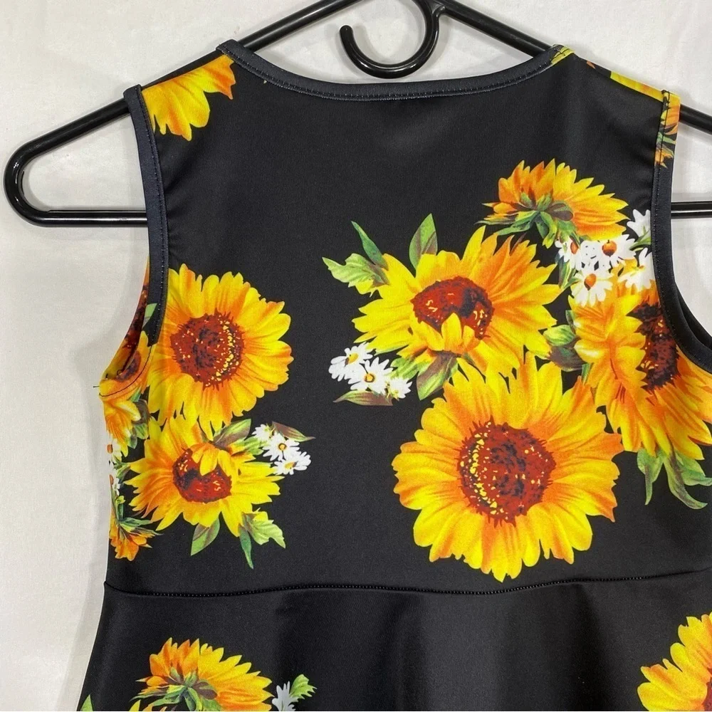Funnycokid Bold Sunflower Sleeveless Black Dress